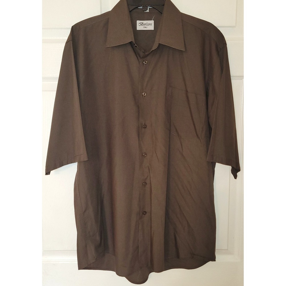 Berlioni Italy Brown Short‎ Sleeve Dress Shirt Size L 16-16.5